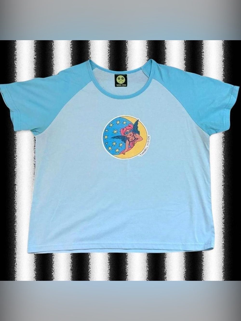 tunnel vision blue baseball style skater baby tee with cute moon fairy graphic